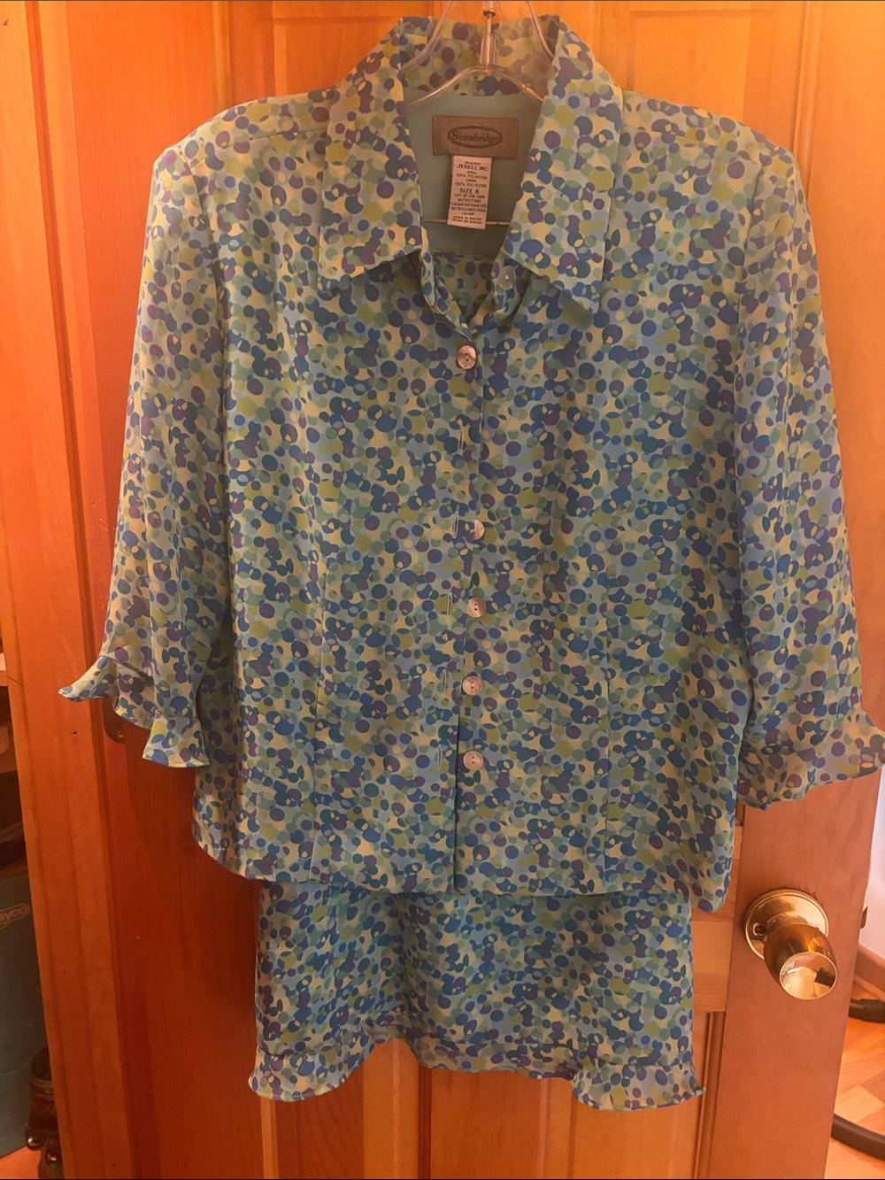 Skirt and Matching Button-Front Top with Ruffled 3/4 Length Sleeves